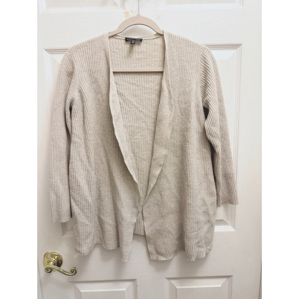 Eileen Fisher Italian Wool Ribbed Cardigan in Oatmeal
